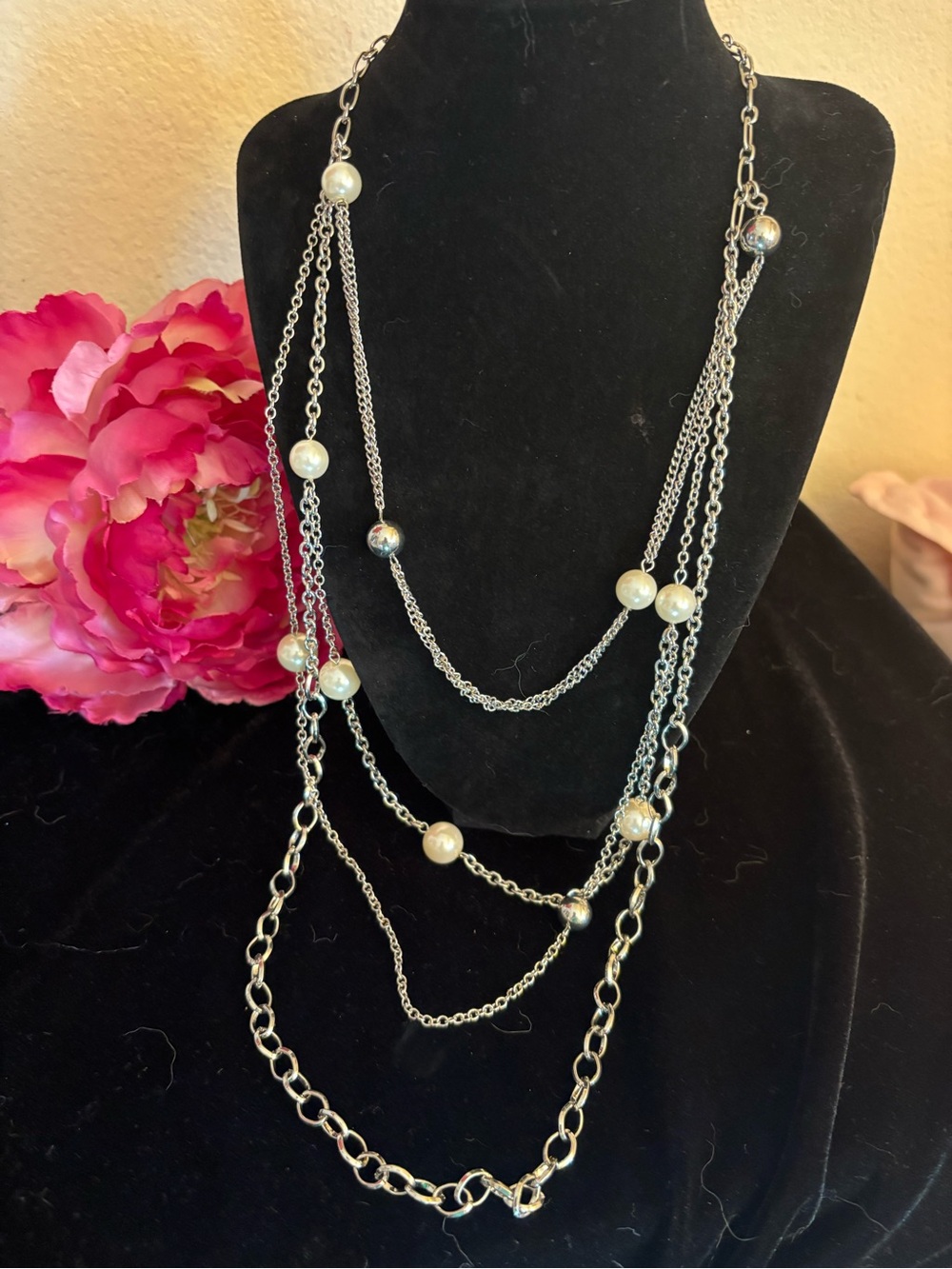 Premier Designs Silver Tone Multi-Strand/Layered Faux Pearl Accent Necklace, 40”